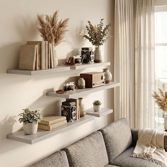 Fun Memories Floating Shelves - 2 Pack 12 Inch Deep Rustic Wooden Wall Shelves - Extra Deeper & Thicker Wall Mounted Storage Shelf for Living Room, Kitchen, Farmhouse - 16" W x 12" D x 1.5" H - Grey