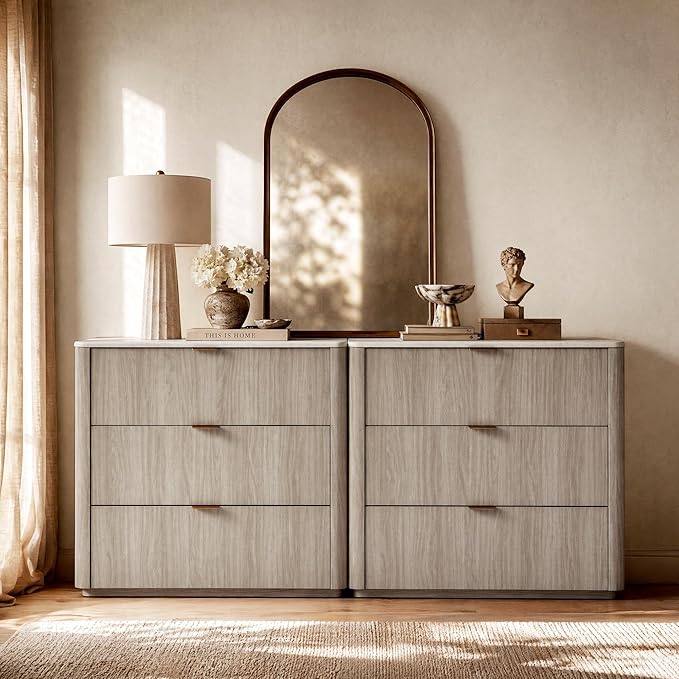 ModernMate 3 Drawer Dresser with Curved Profile & Faux Travertine Texture, 31.5" Large Nightstand Anti-Tip Chest of Drawers for Bedroom, Living Room, Wood Grain Gray