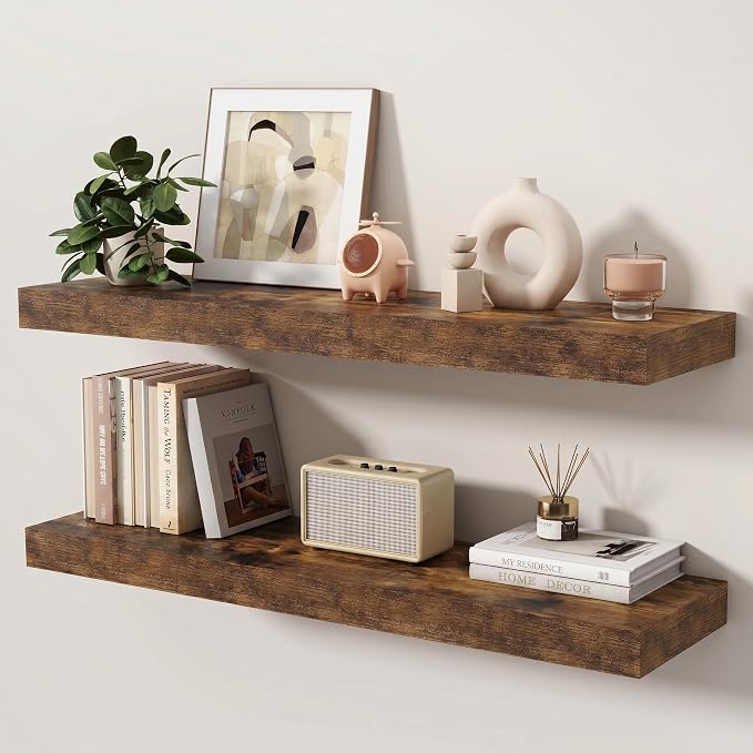 Floating Shelves for Wall, 36 Inch x 8 Inch Deep Wall Mounted Wood Shelf with Invisible Brackets for Storage & Display, Living Room Bedroom Kitchen, Rustic Brown, Set of 2