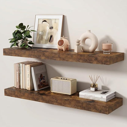 Floating Shelves for Wall, 36 Inch x 8 Inch Deep Wall Mounted Wood Shelf with Invisible Brackets for Storage & Display, Living Room Bedroom Kitchen, Rustic Brown, Set of 2
