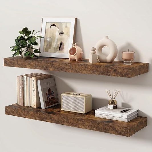 Floating Shelves for Wall, 36 Inch x 8 Inch Deep Wall Mounted Wood Shelf with Invisible Brackets for Storage & Display, Living Room Bedroom Kitchen, Rustic Brown, Set of 2
