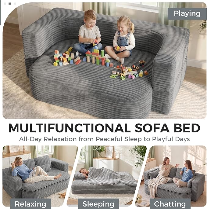 75" Boneless Couch Bed, Corduroy Fold Up Sleeper Sofa for Adults, Memory Foam Frameless Floor Couch with 4 Pillows & Blanket, No Assembly Foldable Guest Bed for Apartment,Living Room
