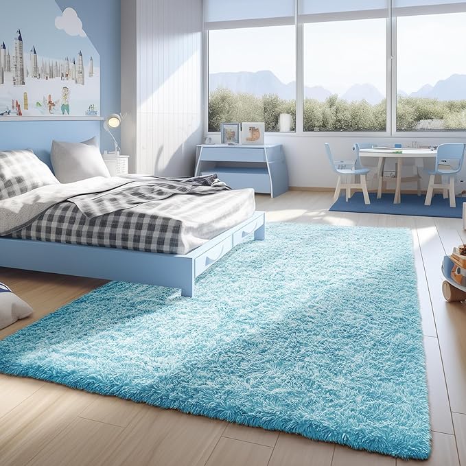 Ophanie Light Blue Rug,Boys 4x6 Rugs for Bedroom Carpet Nursery Aesthetic,Kids Playroom Area Rugs for Girls Teen Home Decor,Fluffy Shag Bedside Floor Living Room Carpets with Over 99 pcs Pile fibers