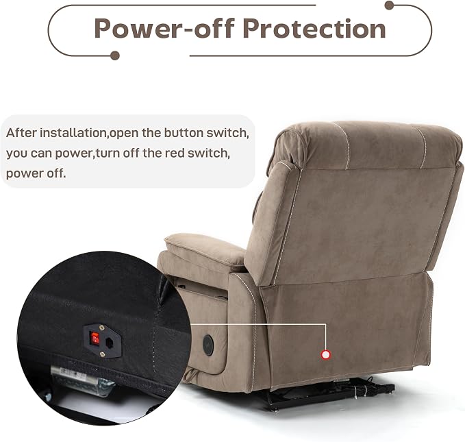 JIKFRIMA Power Lift Recliners Chairs for Elderly Adults Lay Flat Recliner with Heat & Massage, Wireless Charging Device, USB Ports, Cup Holder, Lumbar Pillow, 400Lbs（Velvet Fibric,Light Brown）
