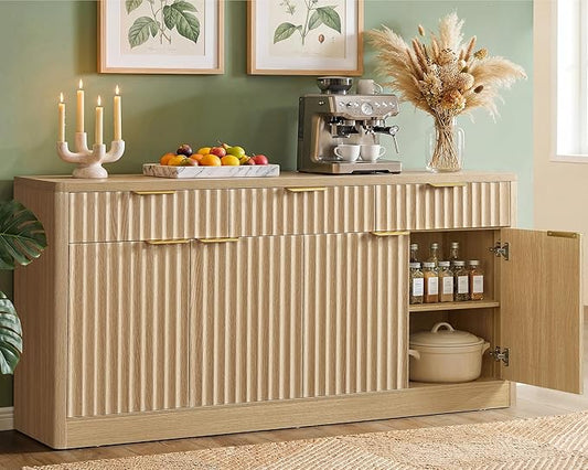 usikey Large Buffet Cabinet with Storage & Drawers, Sideboard Cabinet with 2 Adjustable Shelves & 4 Doors, Coffee Bar Station, Kitchen Storage Cabinets, Natural