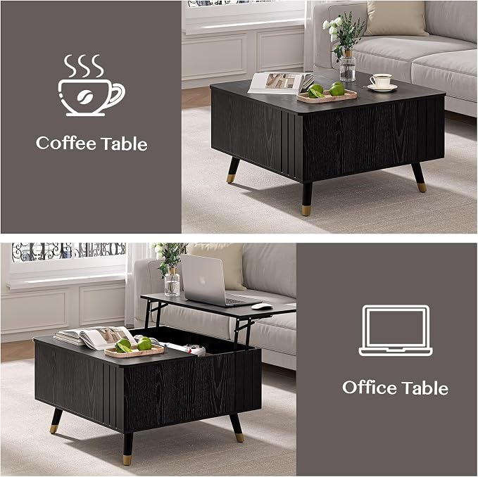 Lift Top Coffee Table with Storage, 32" Black Center Table for Living Room, Square Dinning Table with Solid Wood Legs