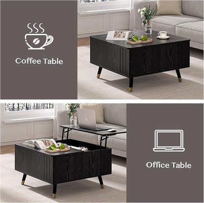 Lift Top Coffee Table with Storage, 32" Black Center Table for Living Room, Square Dinning Table with Solid Wood Legs