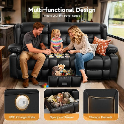 Loveseat Recliner Sofa with Flip Backrest Design, 3 Seat RV Recliner Sofa with USB Ports & Pockets, Wall Hugger Reclining Loveseat with Cup Holders & Drawer, RV Couch for Home Theater Seating