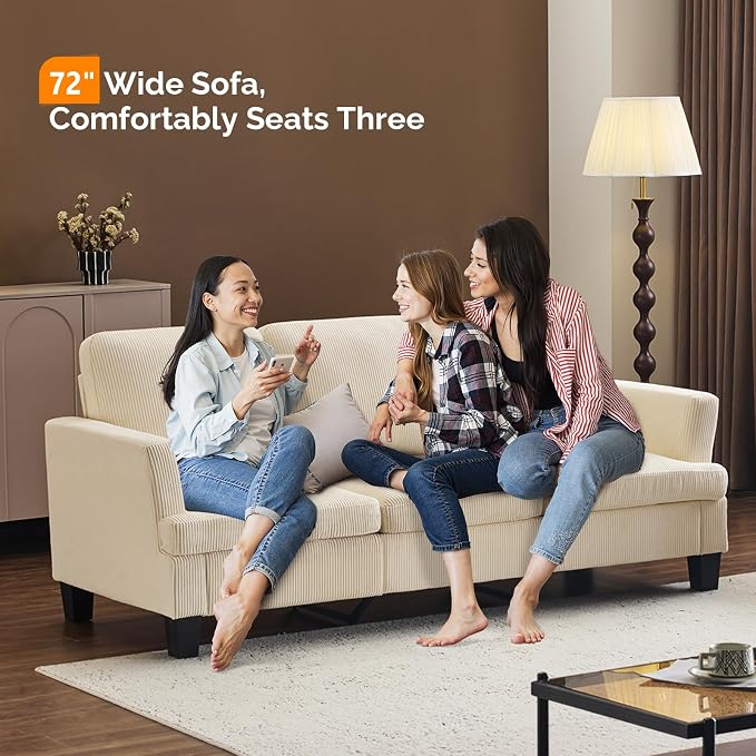 VINGLI Beige 83" Sofa Couches for Living Room, Corduroy Modern Comfy 3 Seater Couch 25.6" Deep Seat Upholstery Cozy Sofas for Small Space, Bedroom, Apartment, Home Office
