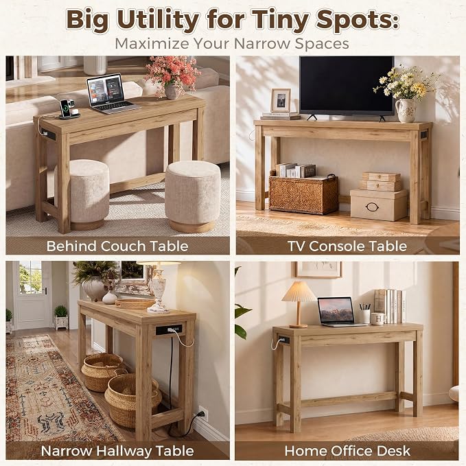 Cyclysio 47" Console Table with Charging Station, 13.8" Deep Farmhouse Sofa Table Behind Couch with 2 AC Outlets & 3 USB Ports, Entryway TV Console or Compact Home Office Desk, Natural Oak