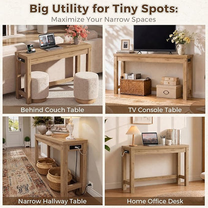 Cyclysio 47" Console Table with Charging Station, 13.8" Deep Farmhouse Sofa Table Behind Couch with 2 AC Outlets & 3 USB Ports, Entryway TV Console or Compact Home Office Desk, Natural Oak