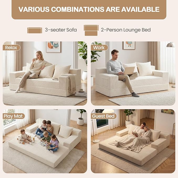 78.5” Convertible Sofa Bed,Corduroy 3 Seater Boneless Couch Bed Futon,Fold Out Couch with 3 Pillows,Loveseat Sleeper with Pull Out Bed for Living Room, Guest,Bedroom,Beige