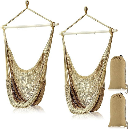 Barydat 2 Pcs Hanging Hammock Chair Boho Swing Chair Outdoor Indoor Comfy Soft Cotton Rope Weaving with 40 Inch Detachable Metal Bars for Backyard Living Room Garden, 270lb Capacity (Brown)