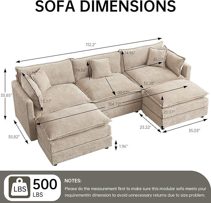 HIPIHOM Modular Sectional Sofa, 112.2 Inch U Shaped Couch Set with Armrests, 3-Seater Comfy Cloud Couches for Living Room Apartment, Coffee