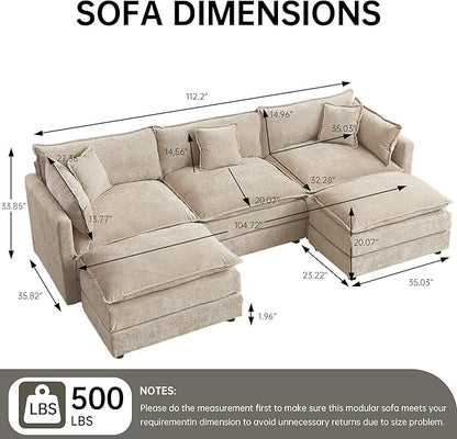 HIPIHOM Modular Sectional Sofa, 112.2 Inch U Shaped Couch Set with Armrests, 3-Seater Comfy Cloud Couches for Living Room Apartment, Coffee