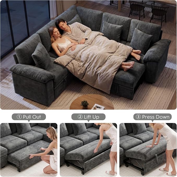 Ihanherry 86" Modular Sectional Sofa with Pull Out Bed, 5-Seater L Shaped Sectional Sleeper Couch with Storage, Chenille Convertible Couches for Living Room, Apartment (Grey)