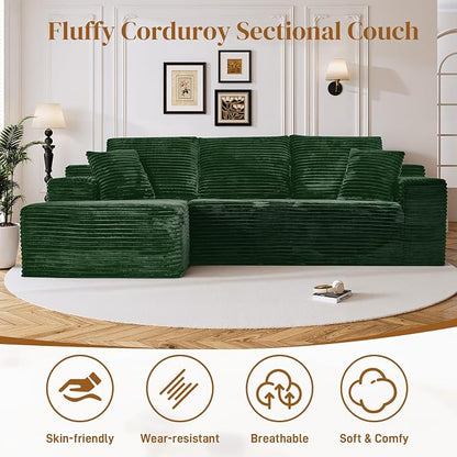 108" L Shaped Boneless Sectional Couches for Living Room, Comfy Corduroy Floor Cloud Sofa with Chaise, Wide Armrest, Deep Seat, Memory Foam, Assembly Free, Ideal for Small Spaces, Green