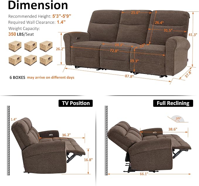 MCombo 87.8" Wall Hugger Power Reclining Sofa, 3-Seat Triple Recliner Couch with USB Ports, Rolled Arm Space Saving Recliner Sofa for Living Rooms Apartments RV, Fabric PR635M5 (Dark Brown)