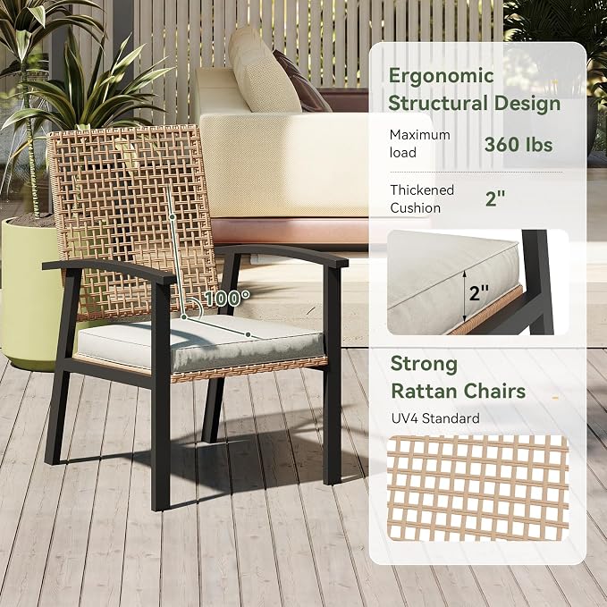 Aoxun 7-Piece Patio Table and Chairs Set for 6 with Umbrella Hole, Outdoor Dining Set with 6 Wicker Chairs and 1 Rectangular Metal Table, Patio Dining Sets with Soft Cushion for Backyard, Garden