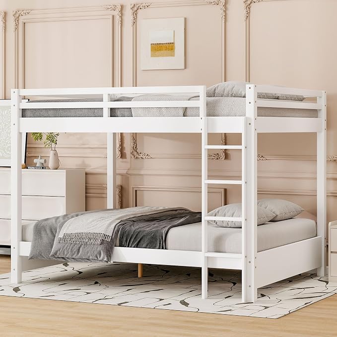 Merax Queen Size Bunk Bed - Solid Pine & MDF Frame, Heavy Duty 600lb Capacity, Space Saving Design with Safety Guard Rails & Ladder, No Box Spring Needed,White
