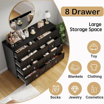 8 Drawer Dresser for Bedroom: 47" Fluted Black Dresser Deep Drawers, Modern Chest of Drawers for Bedroom, Fluted Wood Dressers for Living Room, Hallway