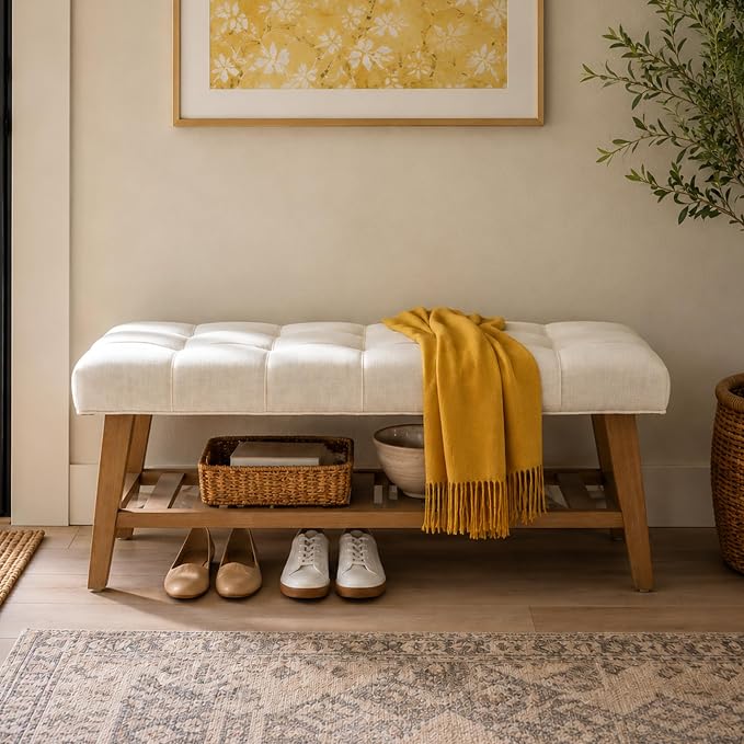 Kmax Entryway Bench with Shoe Storage, Upholstered Wood Storage Bench for Living Room Window Bench for Bedroom End of Bed - Linen, Beige