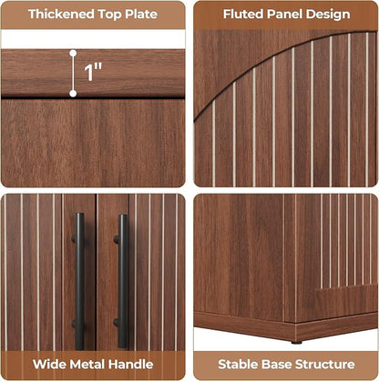 MapleGrace 63" Fluted Buffet Cabinet with Storage, Mid-Century Symmetrical Arched Sideboard Credenza with Adjustable Shelf, Large Wood Console Table for Dining Room, Kitchen, and Living Room (Walnut)