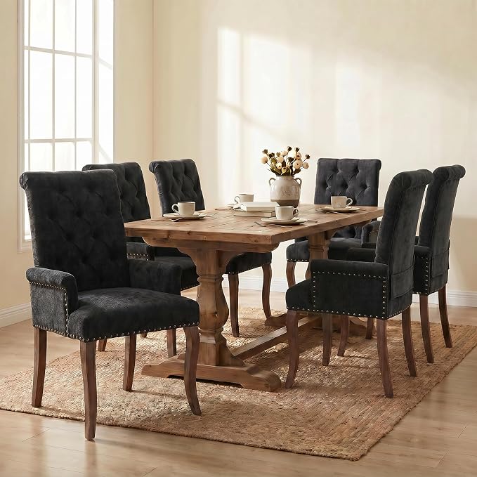 Upholstered Dining Chairs with Arms Set of 6, Black, 6 Pack | Tufted Chenille Kitchen Chairs with Arms, Modern Farmhouse Armchair with Nailhead Trim for Dining Room, Home Office
