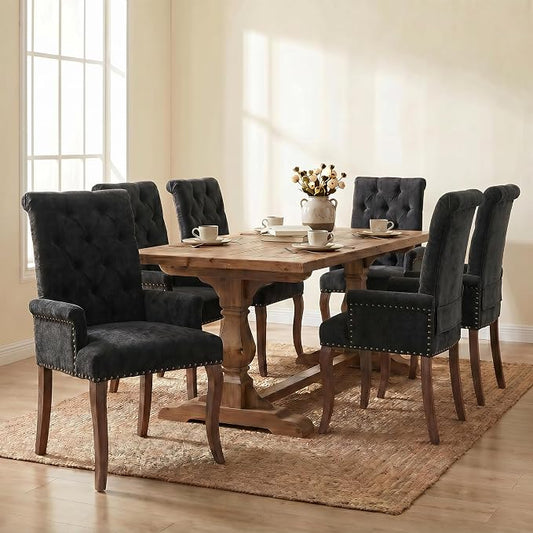 Upholstered Dining Chairs with Arms Set of 6, Black, 6 Pack | Tufted Chenille Kitchen Chairs with Arms, Modern Farmhouse Armchair with Nailhead Trim for Dining Room, Home Office