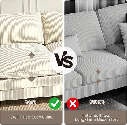 Gizoon 3 Seater Couches for Living Room, Cloud Sleeper Sofa with Double Cushion Corduroy Deep Seat Sofa Couches with 2 Pillows for Living Room Bedroom and Apartment,Pet-Friendly Fabric, Beige