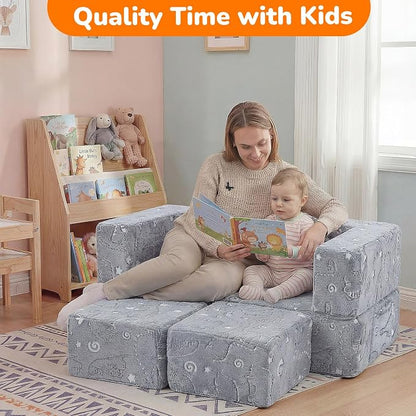 MeMoreCool Dinosaur Glow Foam Kids Play Couch Set, Gray Modular Sofa & Lounger – Glow-After-Light Dinosaur Pattern, Machine-Washable Cover