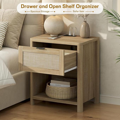 Boho Nightstand with Charging Station, Large Bedside Table with Drawer & Open Storage Shelf, Mid-Century Modern End Table Rattan-Look Drawer, Accent Side Table with Rounded Corners for Bedroom