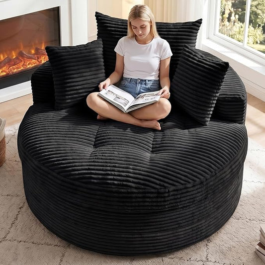 Oversized Round Chaise Lounge Chair, Deep Seat Cloud Boneless Floor Sofa Couch, Upholstered Corduroy Sleeper with 3 Pillows & Optional Ottoman, No Assembly Modern Lazy Floor Lounger for Living Room