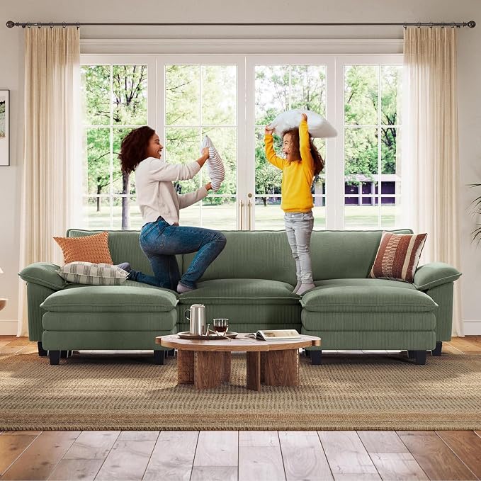 LINSY HOME 123'' Modular Sectional Sofa 3 Seat Couch Corduroy Cloud Couch with Deep Seat, Modern Cloud Couch with 2 Movable Ottoman for Living Room, Office, Bedroom, Green