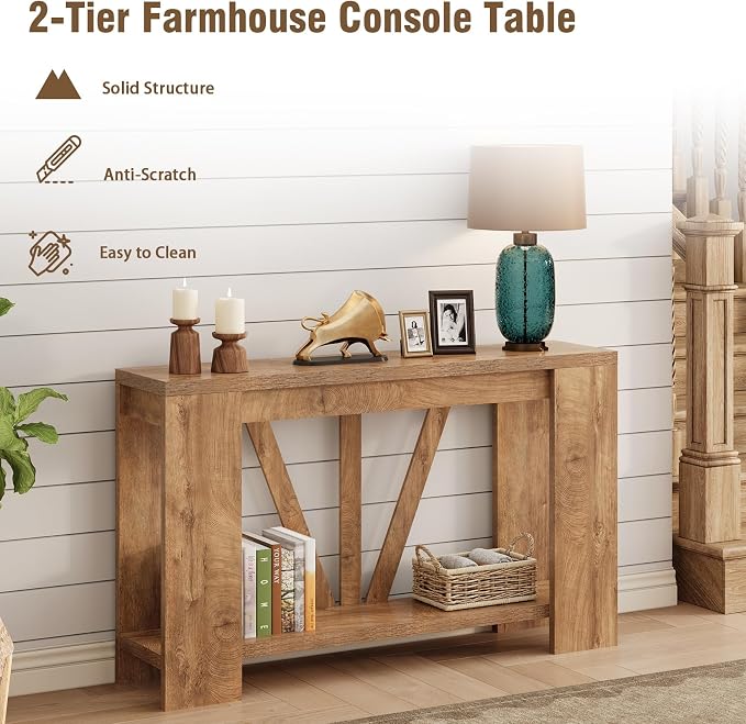 Tohomeor Console Table for Entryway, 47 Inches Narrow Sofa Table Behind The Couch, Farmhouse Wood Entry Table with Storage Shelves for Hallway Foyer Living Room, Rustic Wood Grain