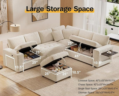 Vipbear 111" Modular Sectional Sleeper Sofa with Pull Out Bed, 7 Seat Chenille L Shaped Couch with Storage Ottoman|USB Ports|Cup Holders|Side Table|LED Light, Tool Free Assembly, Beige