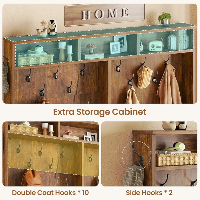 Itaar Hall Tree with Bench and Shoe Storage, 5-in-1 Entryway Bench with Coat Rack, 16 Shoe Cubbies & 12 Coat Hooks, Barn Door & Adjustable Shelf (Rustic Brown)