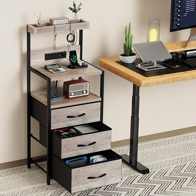 SZLHANJZ Night Stand with Charger Station, 3 Drawers Nightstand with Storage and LED Lights, Shelves, and Hooks, Bed Side End Table for Bedroom Dorm, Greige