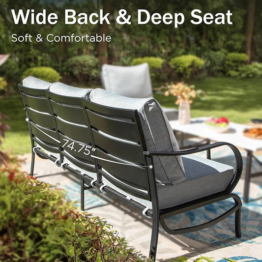 PHI VILLA Metal Patio Sofa with 5.75" Extra-Thick Waterproof Cushion, 3 Seater Deep Seat & High Back Outdoor Couch, All Weather Porch Furniture for Deck Backyard Front Porch Apartment,Gray