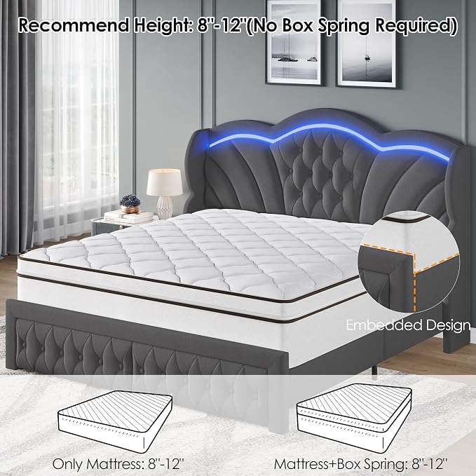 Keyluv Queen Bed Frame with LED Lights and 2 Storage Drawers, Velvet Upholstered Platform with 47" Tall Arc-Shaped Wingback Headboard and Button Tufted Design, No Box Spring Needed, Noise-Free, Gray