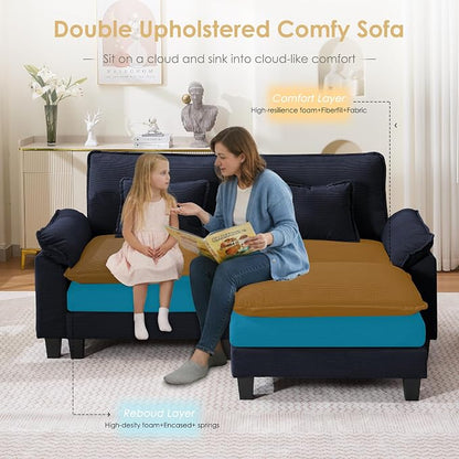 87" Corduroy Modular Sectional Sofa, Convertible L Shaped Modular Sofa Comfy Cloud Couch with Ottoman, Side Pockets and 2 Throw Pillows for Living Room, Blue, 3 Seats