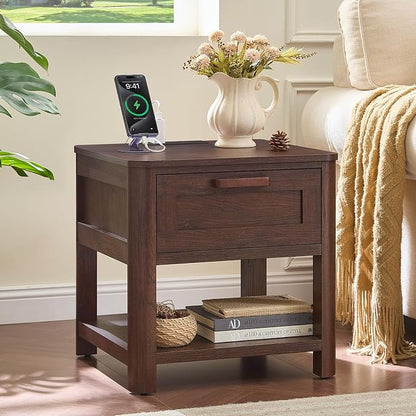 Joaxswe Farmhouse Night Stand with Charging Station, Wood Bed Side Table with Drawer & Open Storage Shelf for Bedroom, Walnut