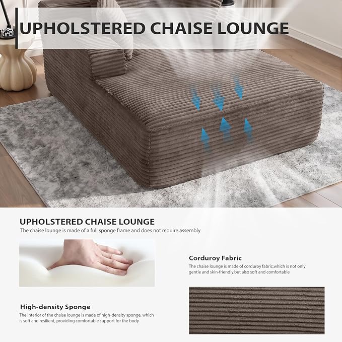ivoros 50 Inch Chaise Lounge Chair Indoor, Oversized Corduroy Upholstered Boneless Sofa Bed, Deep Seat Sleeper Couch Reading Chairs, Cloud Sofas Couches for Living Room, No Assembly Required (Camel)