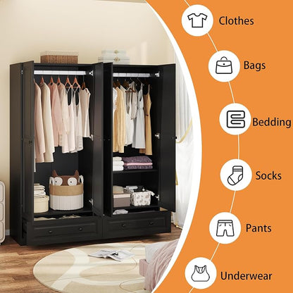 Armoire Wardrobe Closet with Drawers: 74" Black Wardrobe Closet with 4 Doors, Bedroom Armoires with 2 Drawers, Wood Closets Cabinet for Hanging Clothes (Black, 63")