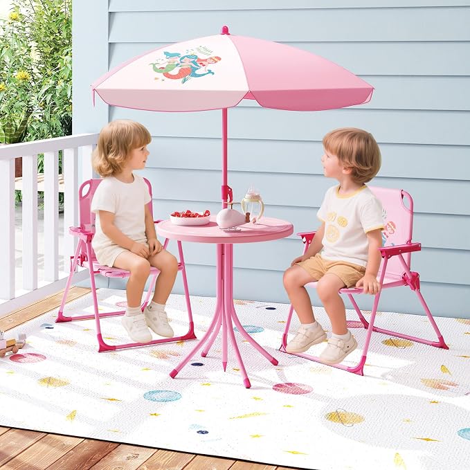 HONEY JOY Kids Picnic Table, Animal Themed Toddler Outdoor Table and Chair Set, 2 Folding Chairs & Removable Umbrella, Children Outdoor Furniture for Backyard Patio Garden (Pink Mermaid)