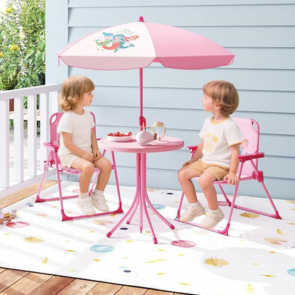 HONEY JOY Kids Picnic Table, Animal Themed Toddler Outdoor Table and Chair Set, 2 Folding Chairs & Removable Umbrella, Children Outdoor Furniture for Backyard Patio Garden (Pink Mermaid)