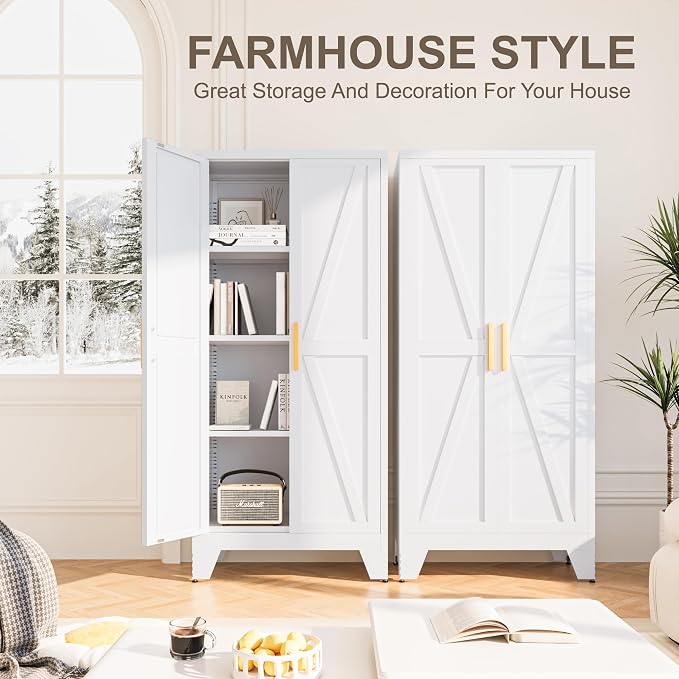 Baborokic 61H Metal Storage Cabinet with 2 Doors and Adjustable Shelves,Farmhouse Storage Cabinet with Barn Doors,Pantry Storage for Home,Office,Bathroom,Dining Room,Kitchen(White)