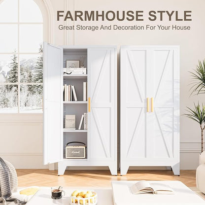 Baborokic 61H Metal Storage Cabinet with 2 Doors and Adjustable Shelves,Farmhouse Storage Cabinet with Barn Doors,Pantry Storage for Home,Office,Bathroom,Dining Room,Kitchen(White)