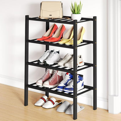 Smiry Small Bamboo Shoe Rack, 4 Tier Free Standing Wooden Shoe Organizer, Stackable Wood Shoe Storage Shelf for Closet, Entryway, 12 Vertical Slats, 2+2 Stack Standard Legs, 17.3"x11"x26", Black