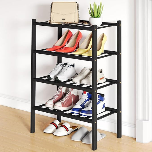 Smiry Small Bamboo Shoe Rack, 4 Tier Free Standing Wooden Shoe Organizer, Stackable Wood Shoe Storage Shelf for Closet, Entryway, 12 Vertical Slats, 2+2 Stack Standard Legs, 17.3"x11"x26", Black